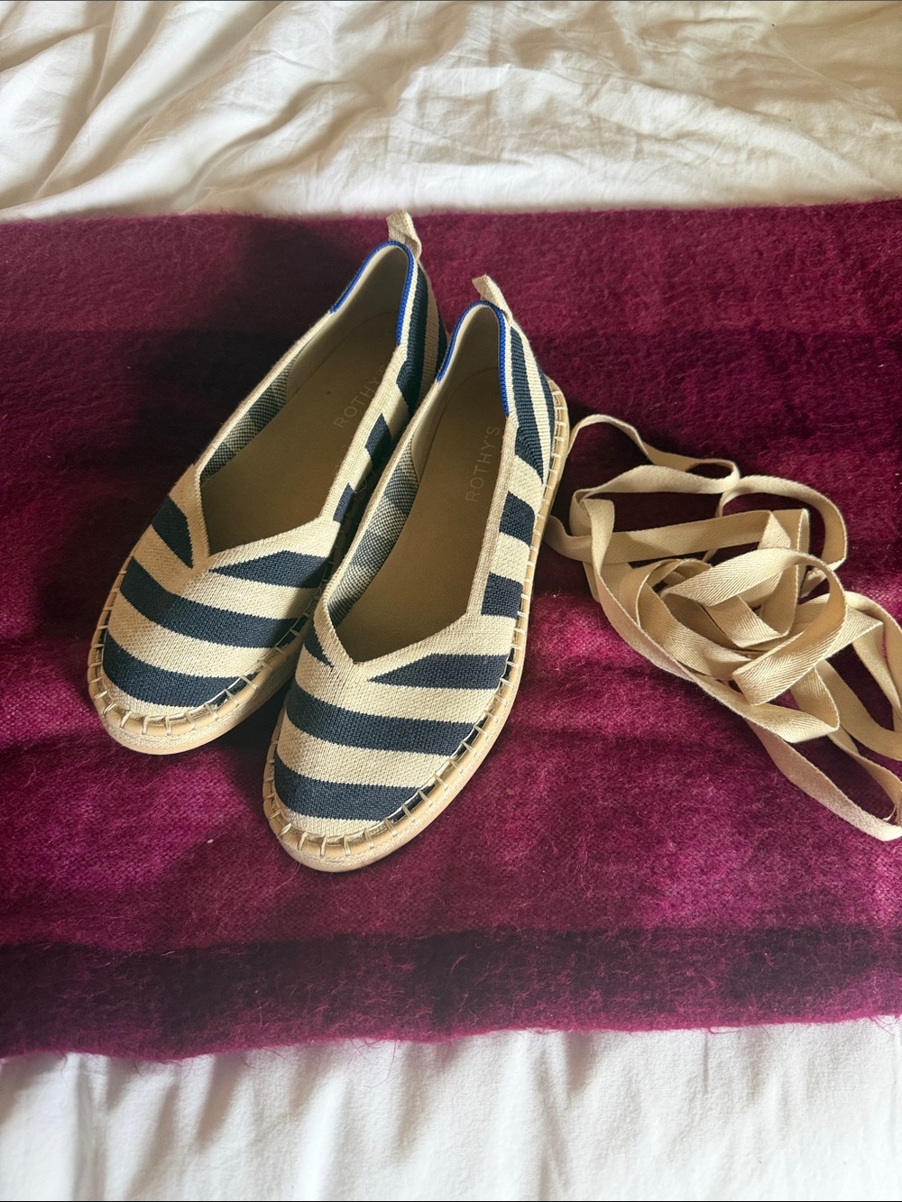 Rothy's Navy and Beige Striped Espadrille Flats with Ankle Tie